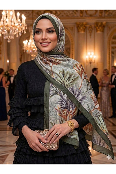 Nazellaa Bahar Dali Pattern Bamboo Cashmere Shawl Dark Khaki Green