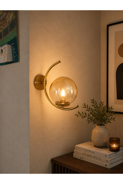 Ömür Avize Moon Antique Gold Glass Wall Sconce