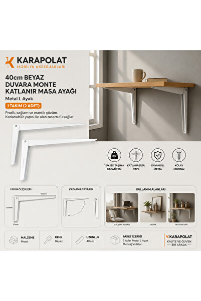 KARAPOLAT 40 cm Beyaz Mandallı Katlanır Masa Ayağı 1 Takım (2 Adet) | Kalın D...