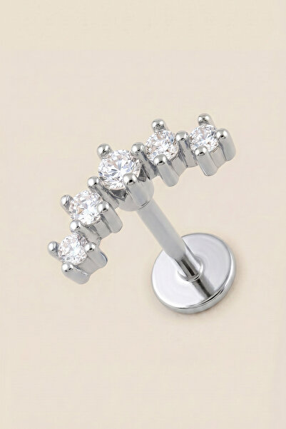 Hetra Gümüş Renkli Cerrahi Çelik Kavisli 5 Taşlı Flatback Piercing - Helix, C...