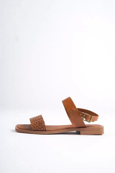 Leyan Butik Tan Knitted Patterned Genuine Leather Sandals Tr31My20E