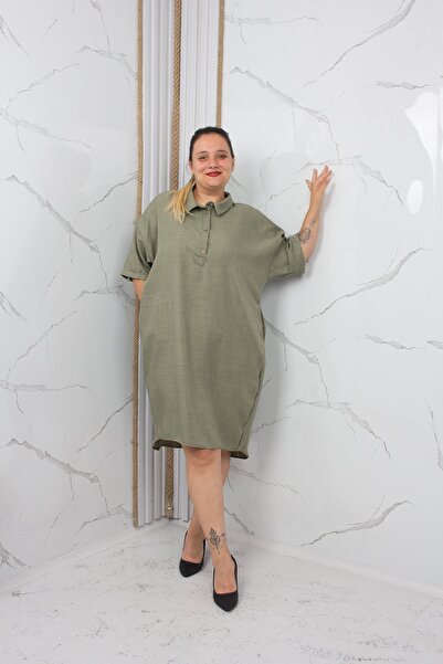 Truva XXL Sofia Linen Polo Collar Loose Dress with Back Detail Pistachio Green