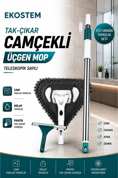Ekostem Tak Çıkar Camçekli Üçgen Mop – Cam, Fayans, Duvar ve Zeminler İçin Mi...