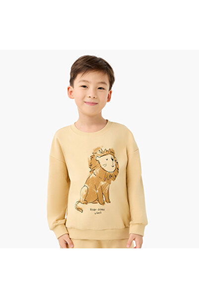 Juniors Boys Crew Neck Sweatshirt with Lion Print - Cotton - Long Sleeves