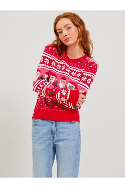 Jack & Jones JJXX Pulover roșu cu gât crew pentru femei JXMAS CREW NECK KNIT