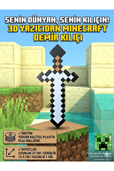 Mus3D Minecraft Oyuncu Kılıcı - 3D Baskı Dayanıklı PLA+ Oyuncak ve Dekoratif ...