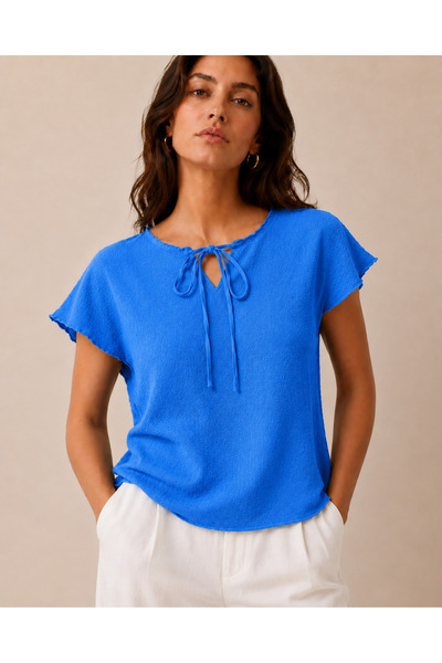 just wear zt Women's Slit Detailed Lace-Up Collar Comfortable Fit Blouse