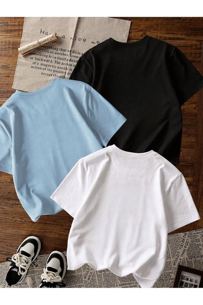 SVART WEAR Printed Black - White - Baby Blue 3-Piece Children's T-Shirt 100% Cotton Short Sleeve Knitted Crew Neck
