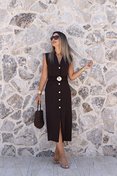 bytugcekaya Καφέ φόρεμα με λουλουδάτη αγκράφα και μηδενικά μανίκια