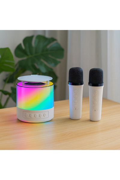 Vivendo Boxa cu 2 Microfoane, Portabila, cu jocuri de lumini,RGB, rotunda, ka...