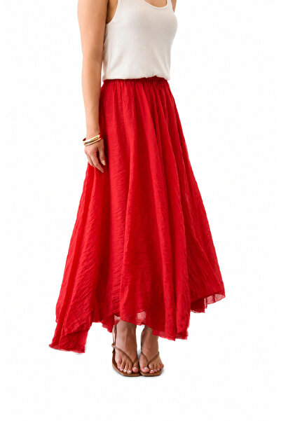 Sibel Günay Butik Women's Red Flared Skirt – Elastic Waist Lined Asymmetrical...