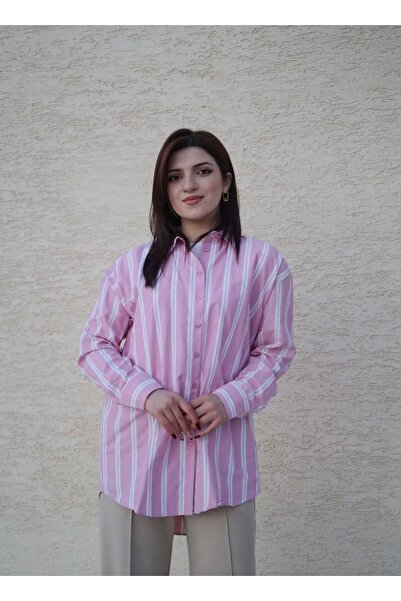 modahira Moda Hira Kadın Pembe Çizgili Rahat Kalıp Salaş Gömlek