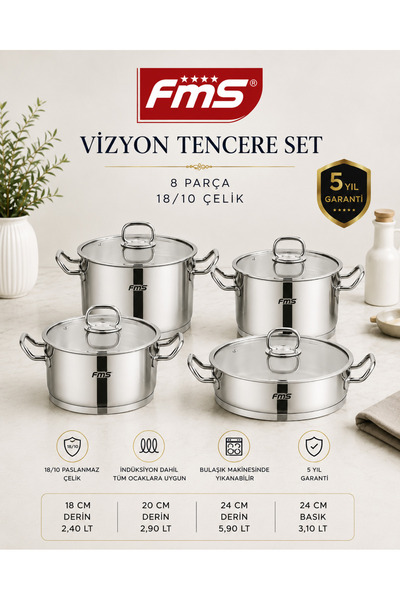 FMS Vizyon 8 Piece Cookware Set |   18/10 Stainless Steel |   5 Years Warranty |