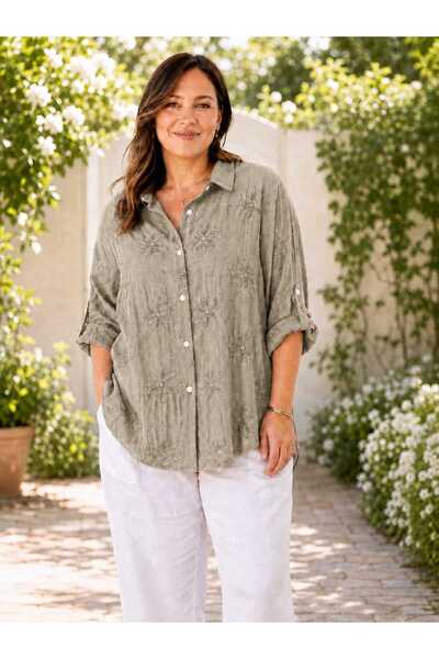 Butik Şans Women's Oversized Italian Shirt with Stripe Embroidery Detail