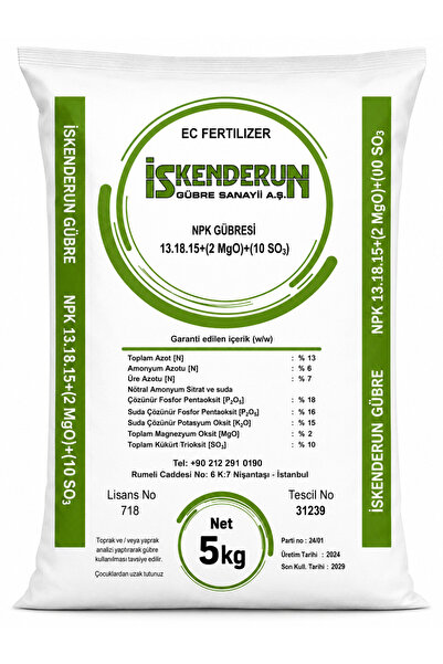 İSKENDERUN GÜBRE NPK 13-18-15+(2MgO)+10SO3 Gübresi 5 kg