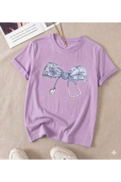 KOZİA OUTDOORS Women's Stethoscope Ribbon Printed Oversized Crew Neck T-Shirt