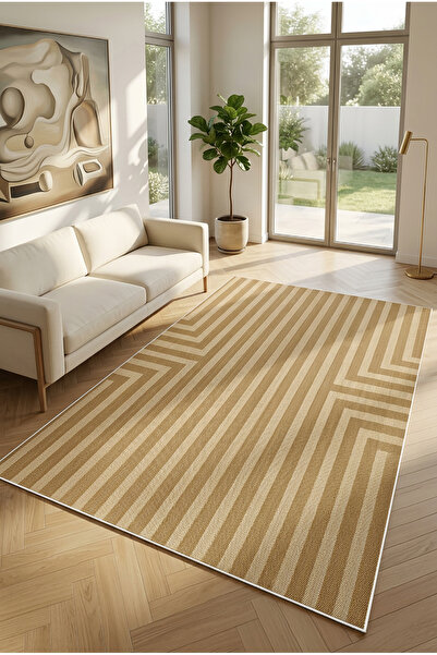 Decomia Home Dijital Kaymaz Yıkanabilir Çizgili Jüt Görünümlü Salon Halısı Ço...