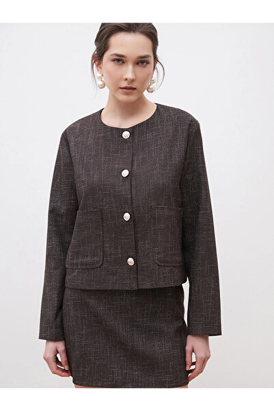 LC Waikiki Brown Crew Neck Patterned Women's Tweed Jacket
