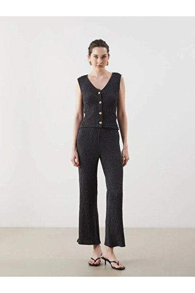 LC Waikiki Black Textured Women's Trousers with Elastic Waist