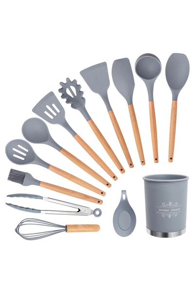 Vivendo Set 13 ustensile de gatit din silicon, maner rezistent din bambus