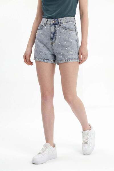HAKKE Kadın İnci Taşlı Yüksek Bel Denim ŞORT