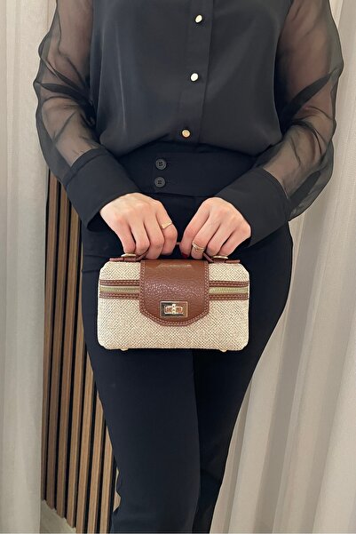 Fibag حقيبة نسائية ذات مظهر من القش بلون أسمر مع تفاصيل ملونة - حقيبة يد وكتف...