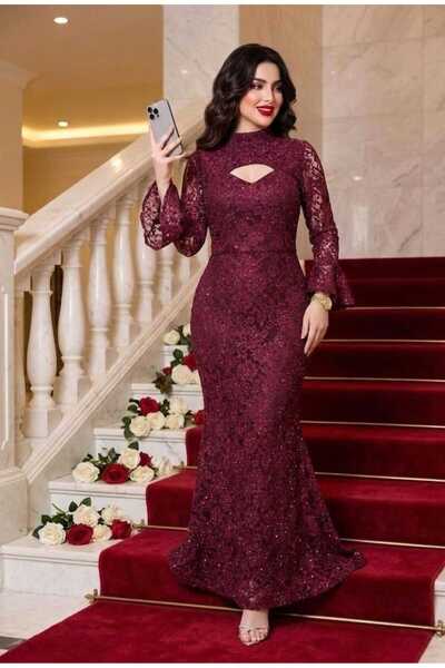 MNCENTER Burgundy Lace Dress