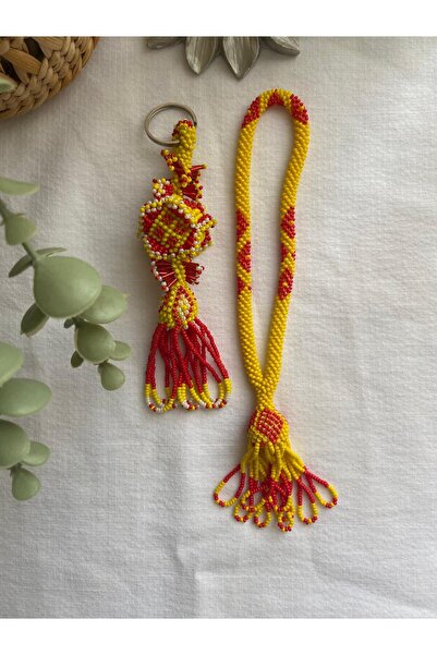 Handmade KUM BONCUK EL İŞİ SARI KIRMIZI SALLAMA TESBİH VE ZAR ANAHTARLIK
