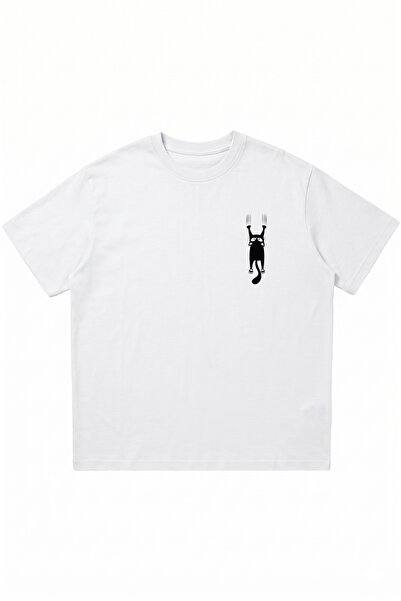 DASH WEAR Naughty Paw Printed White Oversize Crew Neck T-Shirt