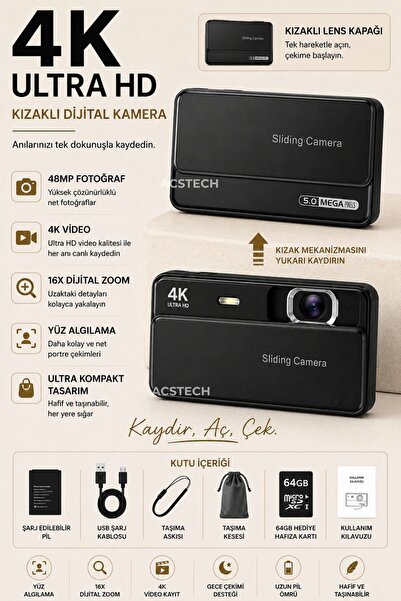ACSTECH 4K Dijital Fotoğraf Makinesi | 16X Zoom | 2.8 İnç IPS Ekran | Kızaklı...