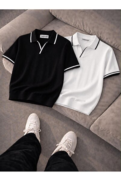 threeoff 2'li Erkek Polo Yaka Tişört Seti Oversize V Yaka Biyeli Basic Model