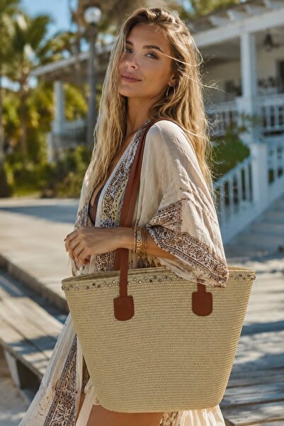 HAZAL KAYA ATELIER Beige Trok Accessory Embroidered Leather Strap Straw Women...