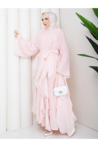 ELAY Fashion Kadın Pudra Büzgü Yaka Yarasa Kollu Pareo Detaylı Elbise