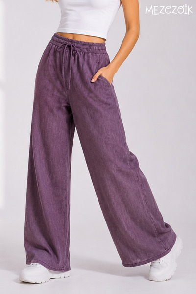 mezozoik Women's Linen Blend Denim Patterned Wide Leg Summer Trousers