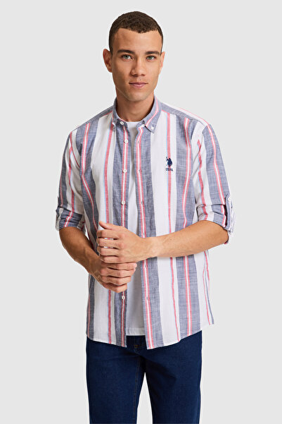 U.S. Polo Assn. قميص رجالي مخطط بأكمام طويلة باللون الأزرق الداكن 50322242-VR033