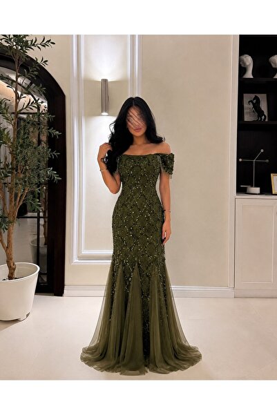 Jood Women's Evening Dress Embroidered with Dropped Shoulders and Tulle Skirt