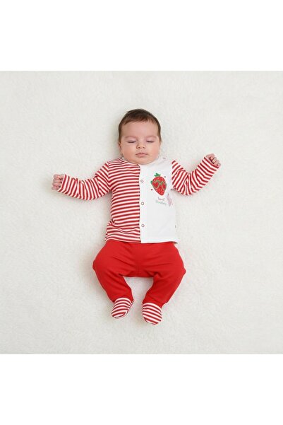 BEFS STORE ÇİLEK Kokulu % 100 PAMUK Önden Açık 0-6 Ay Pijama Takımı - Ekru