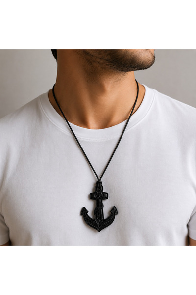 HER ŞEY NOTA www.herseynota.com Black Anchor Pendant Real Leather Cord Unisex...