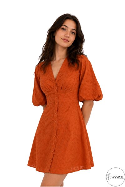 Cassime Women's Tile Scalloped V-Neck Summer Mini 100% Cotton Dress