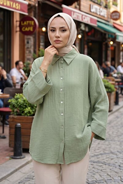 Generic Brand Women's Hijab Shirt Mint Green Double Sleeve Muslin Fabric Summ...