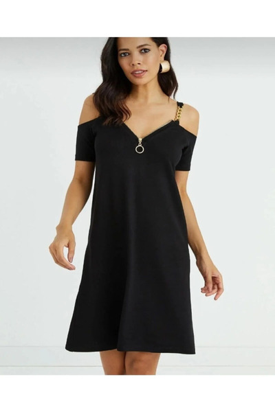 GAMZE ALPTEKİN Premium Chain Strap Detailed Zippered Off-Shoulder Midi Dress