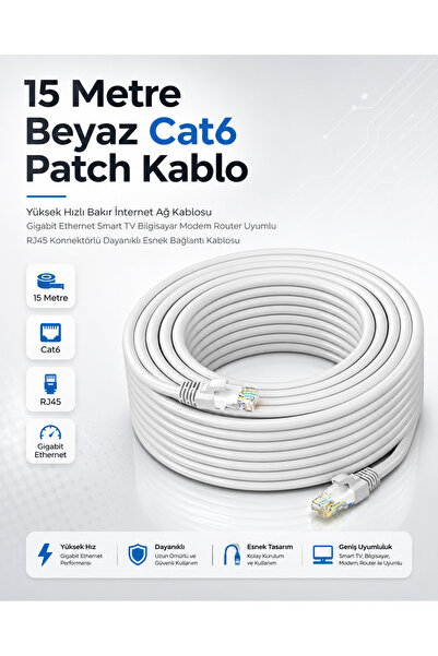 Derwell 15 Metre Beyaz Cat6 Patch Kablo Yüksek Hızlı İnternet Ağ Kablosu Giga...