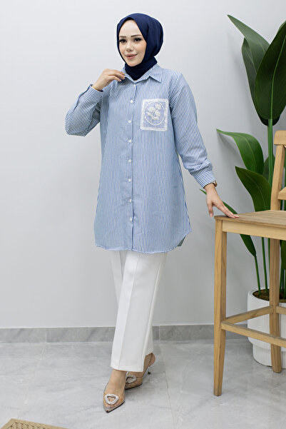 Tesettür Dünyası Striped Shirt with Embroidery Detail Tsd260241 Indigo