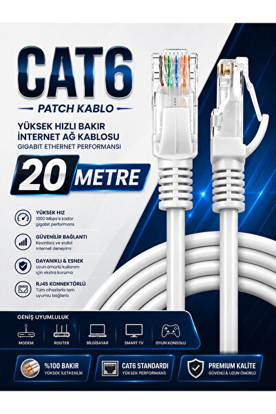 Derwell 20 Metre Beyaz Cat6 Patch Kablo Yüksek Hızlı Bakır İnternet Ağ Kablos...