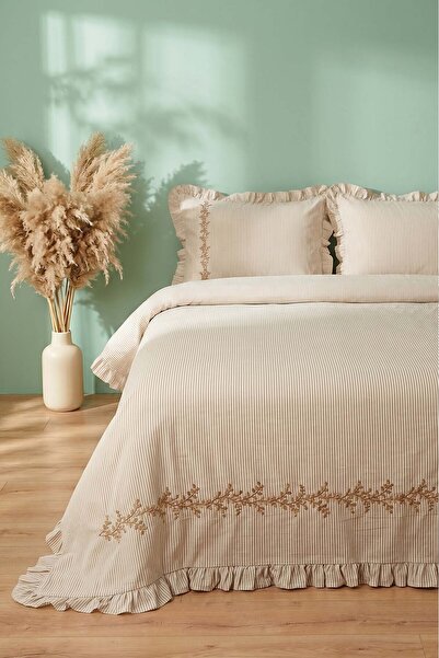 Rivaİstanbul Marvella Double 100% Cotton Embroidered Ruffle Duvet Cover Set -...