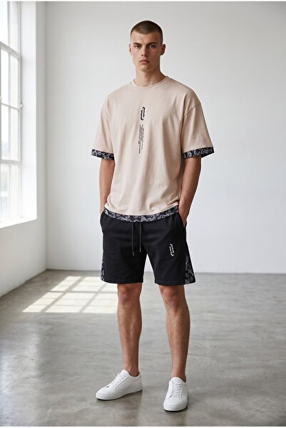 Altamira Erkek Bej Dikey Baskılı Oversize T-shirt Şort