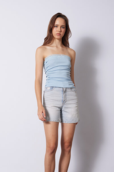 Nisan Lace Detail Strapless Top Baby Blue