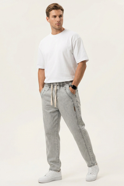 Merterium Men's Relaxed Fit Baggy Jean Trousers 1521 - Stone