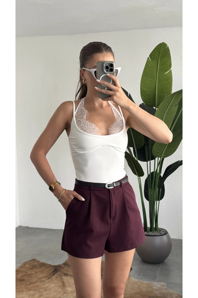 asfamoda Women's Burgundy Belted High Waist Pleated Shorts – Stylish Office C...