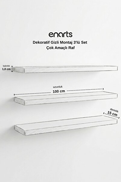 Enarts Premium MDF Raf Gizli Montajlı Meşe Renk Uçan Raf 15x100 cm 3 Adet Çok amaçlı Kitaplık Mutfak Banyo Salon Rafı